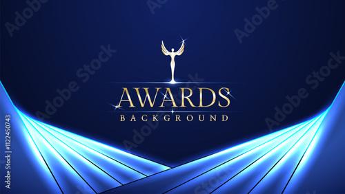 Blue awards graphic background with light neon effects with bokeh decorations. Luxury scene corporate design concept. Vector illustrations.