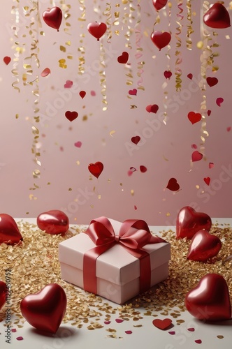 A vibrant arrangement featuring a red gift box with a golden ribbon, surrounded by heart-shaped balloons in pink and red tones, floating amidst confetti on a soft pink background photo