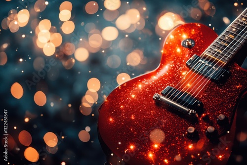 Red glitter electric guitar on bokeh background. Perfect for music, concert, or party themes.