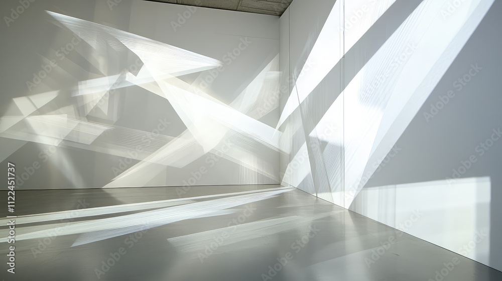 Fototapeta premium A minimalist display of intersecting laser beams forming angular shapes and shadows on a white wall