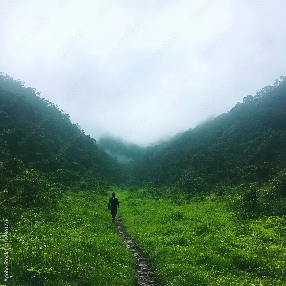 Obraz premium Solitary figure hiking verdant mountain path shrouded in mist.