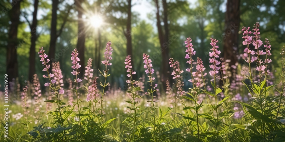 Obraz premium Soft pink wildflowers sway gently in the sunlight filtering through the trees, pink wildflowers, nature scenery
