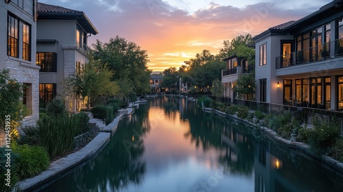 A peaceful waterway with reflections of the surrounding buildings and trees at dusk