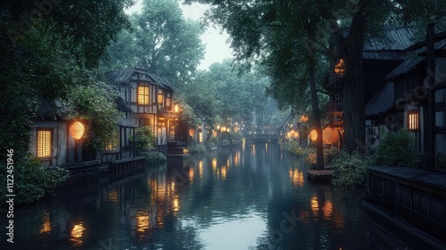 A peaceful waterway with reflections of the surrounding buildings and trees at dusk