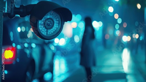 A security camera view showing someone loitering near a car at night. photo