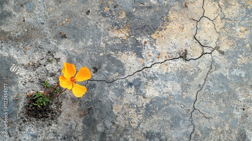 A flower blooming in an unexpected urban setting like a crack in the pavement. photo