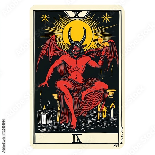 A vivid illustration of a tarot card featuring the Devil figure in bold colors.