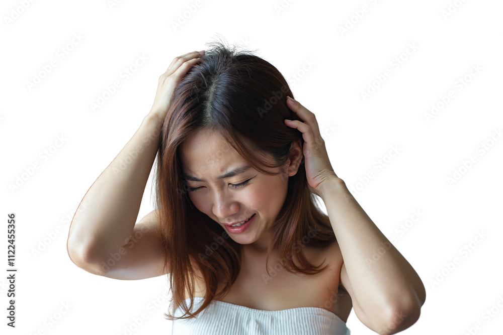 young Asian woman with shoulder-length brown hair, wearing a white strapless dress, standing against a beige wall, looking distressed. young Asian woman with shoulder-length brown hair, wearing a white strapless dress, standing against a beige wall, looking distressed.
