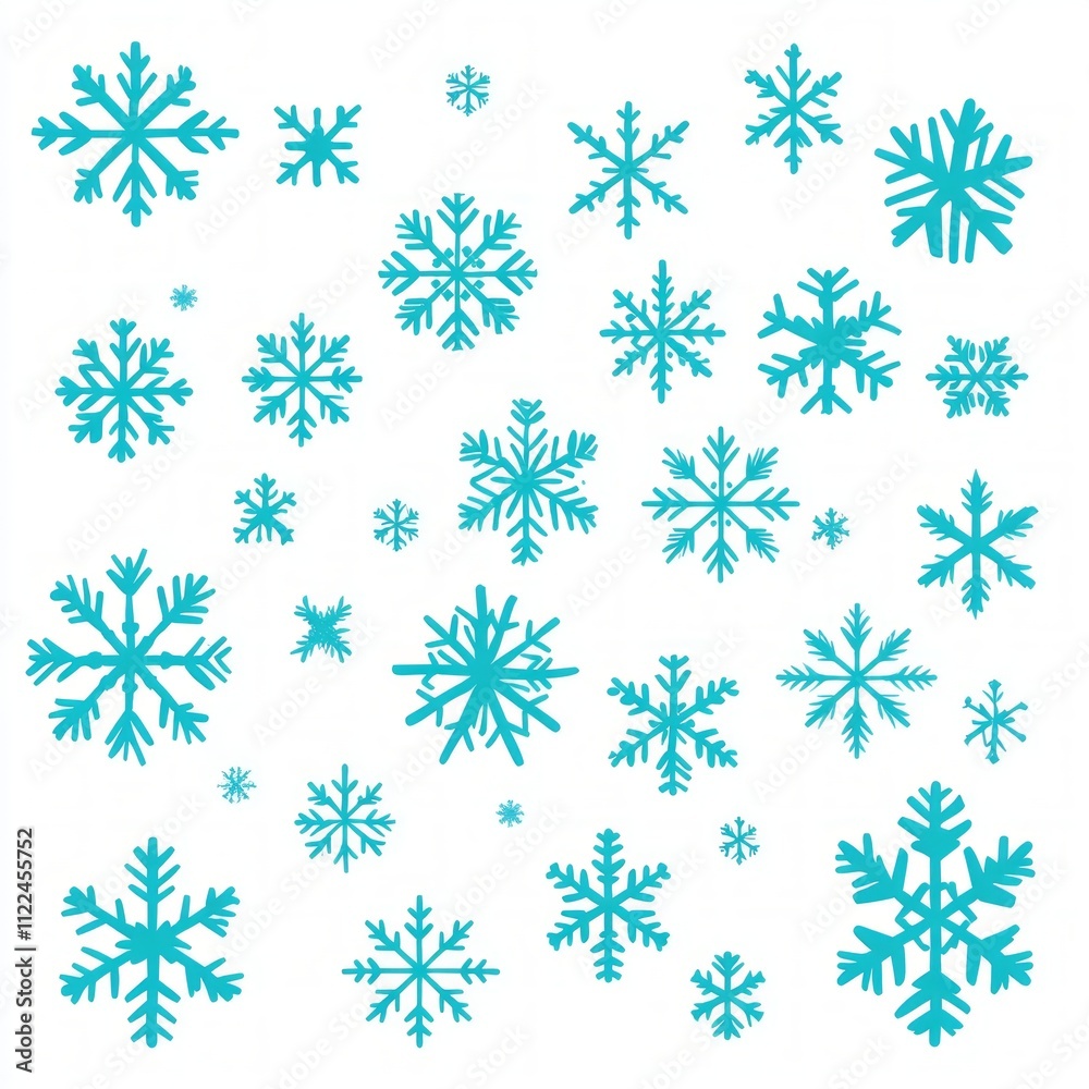Teal snowflakes of various sizes scattered on white background. Teal snowflakes of various sizes scattered on white background.