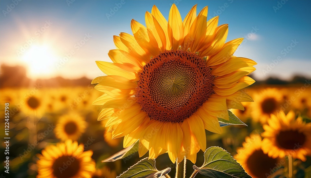 Obraz premium 一面に広がるひまわり畑の中で、太陽の光を浴びて輝く一輪のひまわり