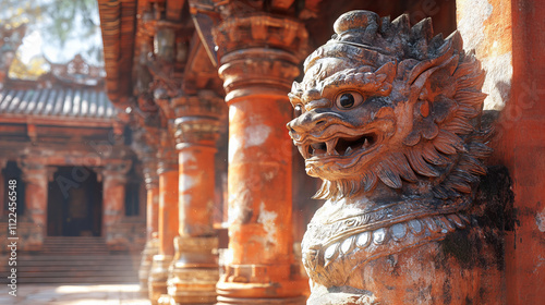 Ancient statue of mythical creature in temple, showcasing intricate details and vibrant colors. serene atmosphere evokes sense of history and culture photo