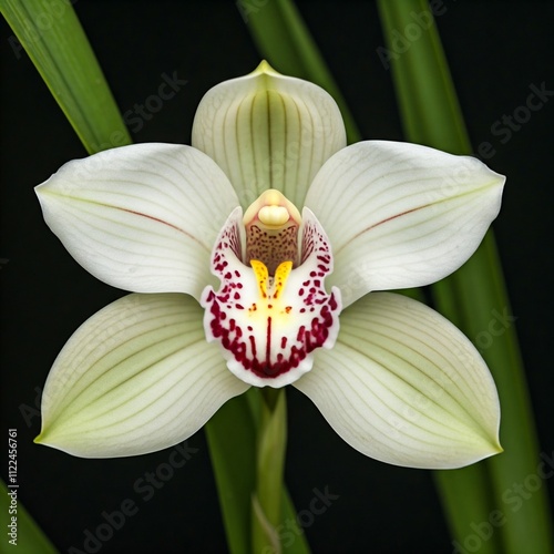 A close-up of a white Cymbidium orchid.