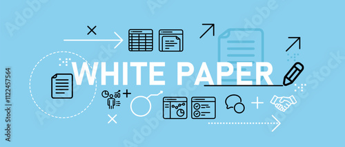 White paper e-book publication document on research and guideline web header illustration concept with icon flat bright blue color
