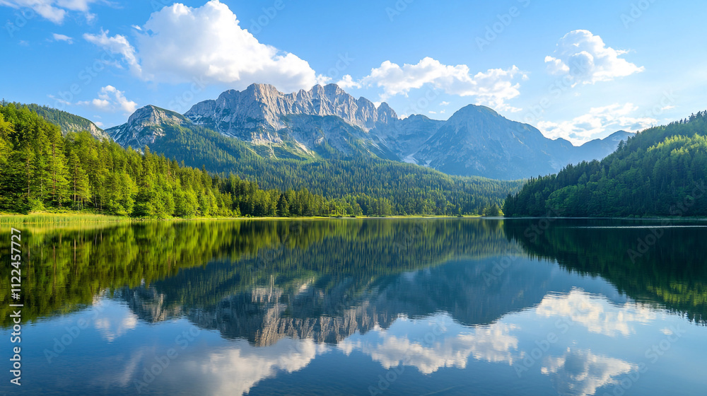 Mountain reflection on a serene lake surrounded by lush greenery and blue skies Mountain reflection on a serene lake surrounded by lush greenery and blue skies