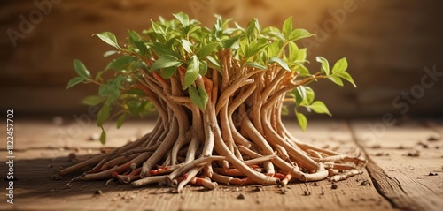 Ashwagandha roots in a warm, golden light on a wooden surface , herbal remedy, wood grain