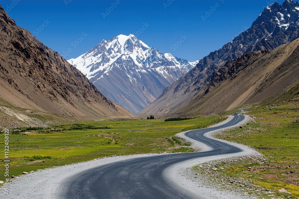 Fototapeta premium Winding mountain road through green valley, snow-capped peaks in background. Ideal for travel, adventure, and nature themes.