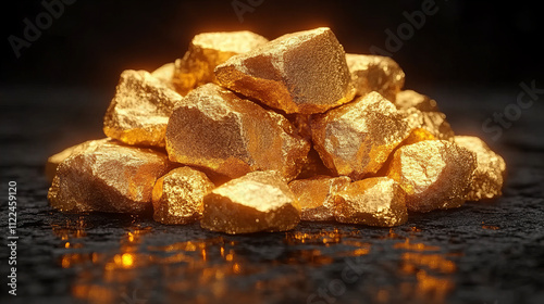 Golden nuggets shining brightly against dark background, creating striking contrast. rough texture and warm glow evoke sense of luxury and wealth photo