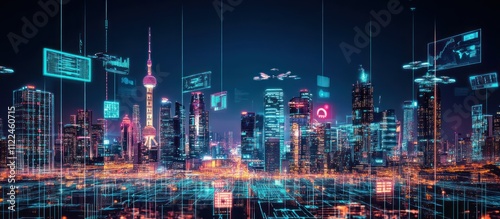 Wallpaper Mural Futuristic cityscape with digital overlays showing technological advancements. Torontodigital.ca