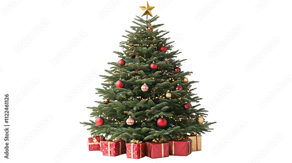 Naklejka premium festive and colorful Christmas tree adorned with red and gold ornaments, twinkling lights, and surrounded by beautifully wrapped gifts, creating joyful holiday atmosphere