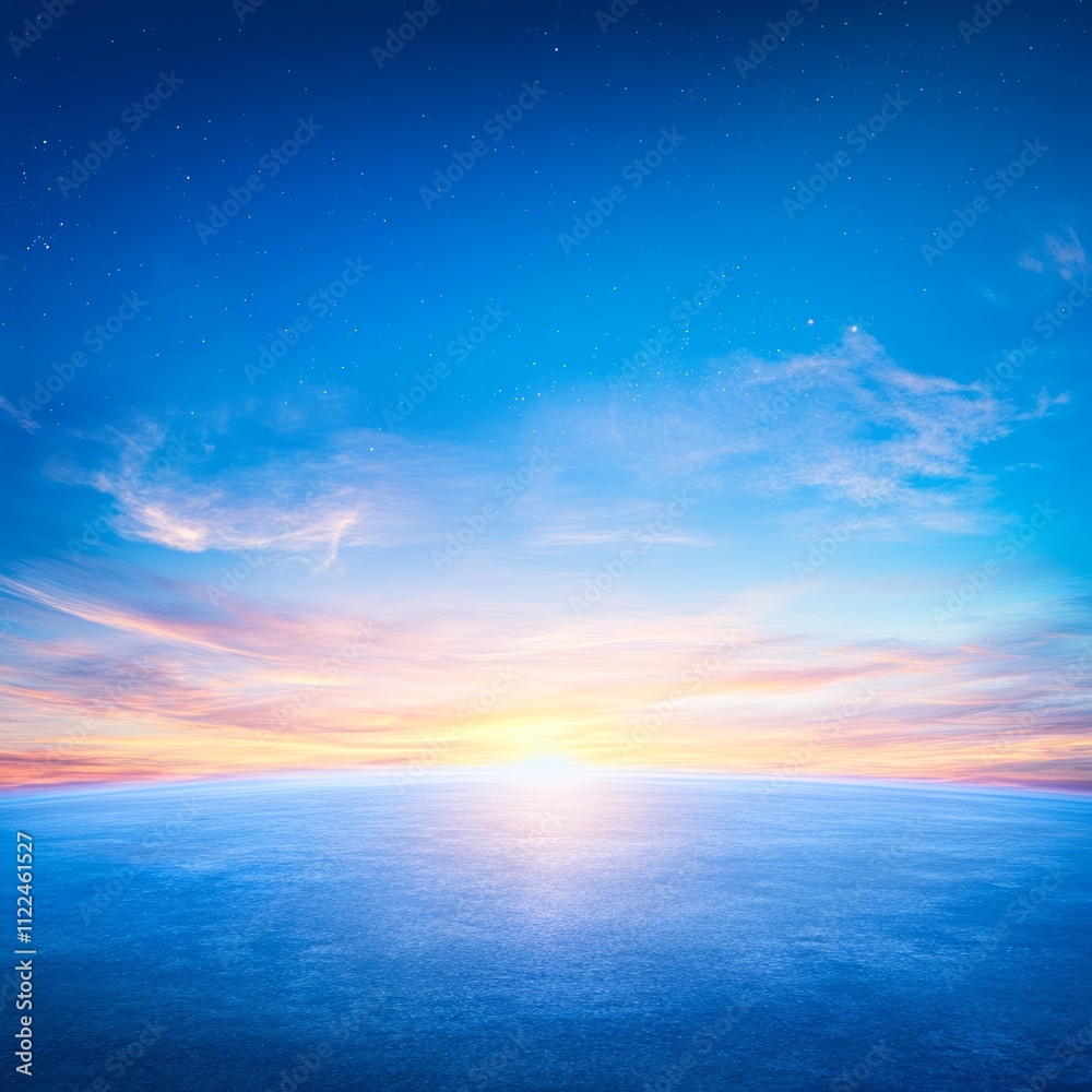 Fototapeta premium Vibrant sunset over calm ocean, blue sky, clouds.