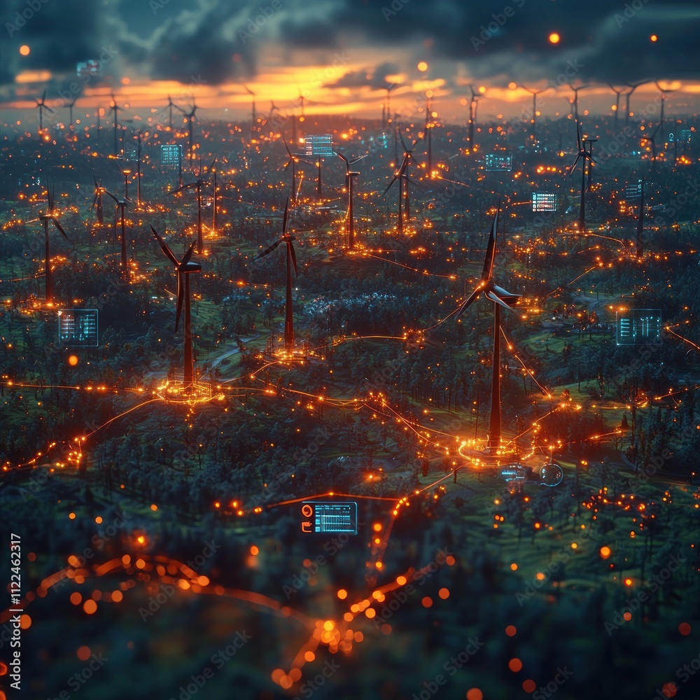 Obraz premium A futuristic landscape featuring wind turbines illuminated by glowing connections.