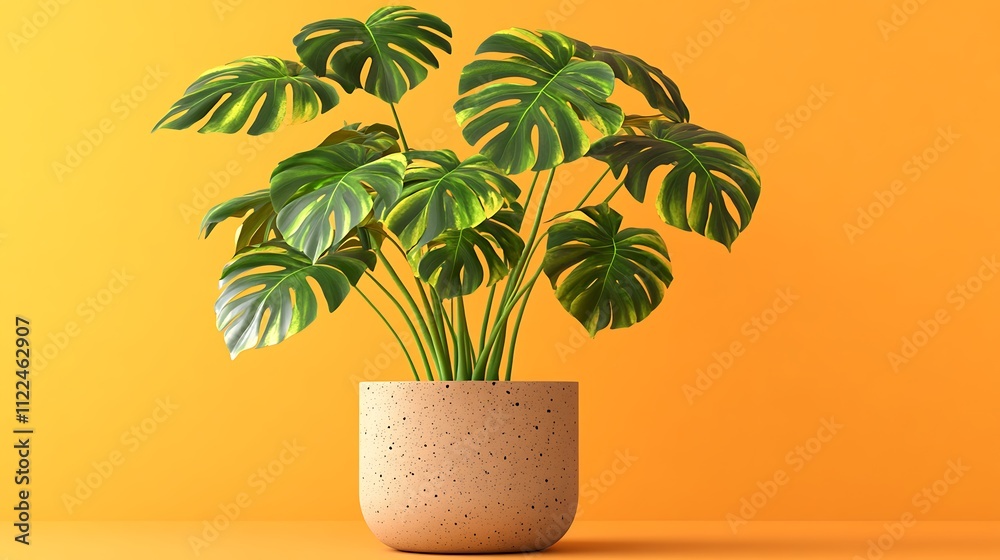 Monstera Deliciosa Plant in a Speckled Pot Against a Yellow Background Monstera Deliciosa Plant in a Speckled Pot Against a Yellow Background