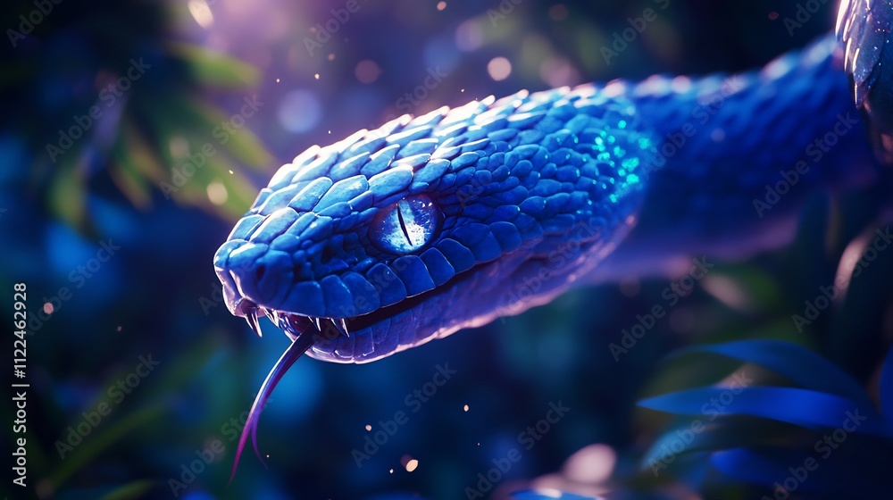 Fototapeta premium Close-Up of a Mystical Blue Snake in Lush Foliage