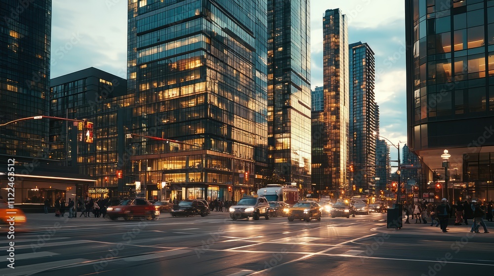 Fototapeta premium Busy urban intersection with streetlights casting a warm glow over modern high-rise buildings