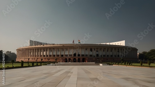 Minimalist Representation of the New Indian Parliament Building with a Clean Aesthetic and Simplistic Design Elements for Modern Architectural Photography