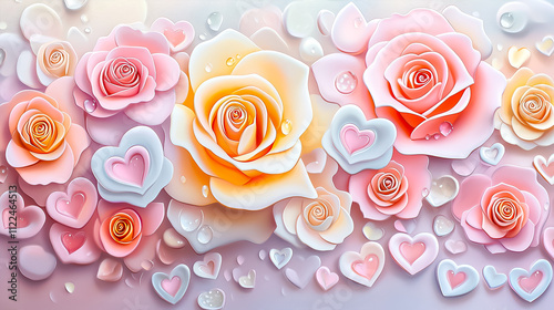 Vibrant roses glisten with dewdrops, surrounded by heart-shaped decorations, evoking a serene and romantic atmosphere