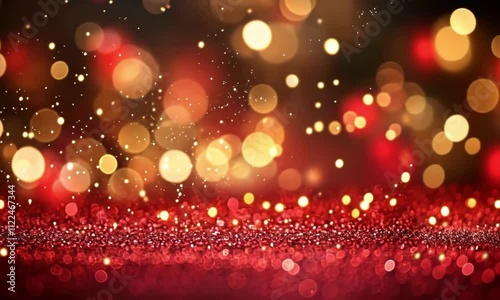 Red Bokeh Lights Background with Glitter Particles and Glow for Festive Designs and Greeting Cards