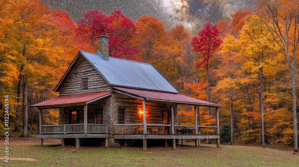 cozy log cabin surrounded by vibrant fall foliage and starry night sky creates serene atmosphere. warm glow from cabin invites tranquility and reflection cozy log cabin surrounded by vibrant fall foliage and starry night sky creates serene atmosphere. warm glow from cabin invites tranquility and reflection
