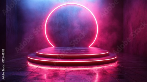 3d render, Product presentation, podium stand in a futuristic style with neon highlights and reflective surfaces for a bold and dynamic look  photo