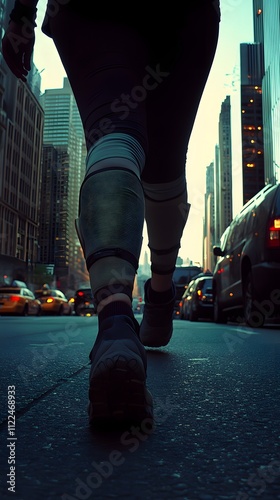 A person with a swollen knee, limping along a city street with the knee wrapped in a brace photo