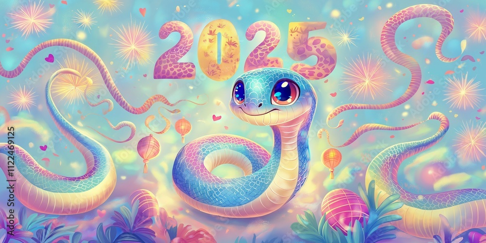 Fototapeta premium A pastel-colored cartoon snake with a charming and playful design, symbolizing the welcoming of the Year of the Snake in 2025 with a soft and festive vibe