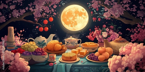 A table adorned with traditional mooncakes, fresh fruits, and festive dishes under the glow of a full, bright moon, celebrating the Mid-Autumn Festival