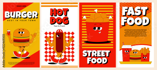 Vertical stories templates with funky burger, hot dog, chicken thighs, french fries and drink character in retro groovy style. Social media posts. Vector posters set