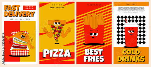 Vertical stories templates with funky burger, pizza, drink and french fries character in retro groovy style. Social media posts. Vector posters set