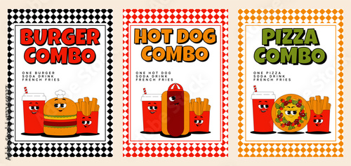 Retro groovy character fast food posters set. Vintage mascot burger, pizza, hot dog, french fries and drink with psychedelic smile and emotion. Funky vector illustration