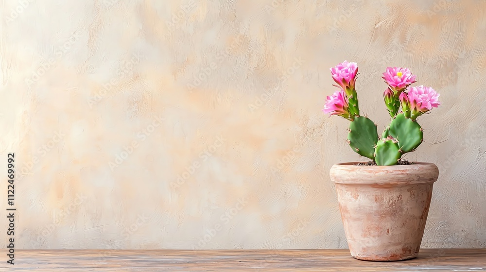 custom made wallpaper toronto digitalA simple potted plant with pink flowers sits on a wooden surface against a textured, neutral background, adding a touch of nature to the setting.