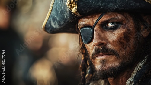 Pirate captain with a leather eyepatch and a traditional tricorne hat looking intensely with serious facial expressions photo