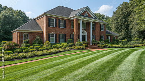 beautiful suburban home with well maintained lawn and lush landscaping, showcasing classic brick exterior and elegant architecture. vibrant greenery enhances serene atmosphere photo