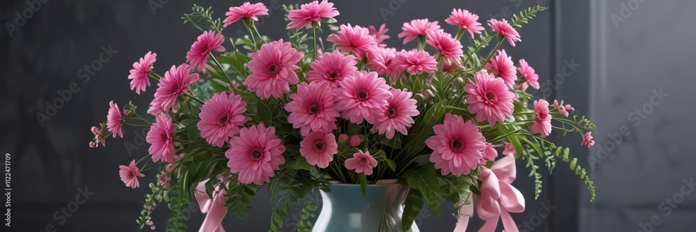 Obraz premium A bunch of pink flowers arranged in a vase with greenery and ribbons, pink flowers, fresh cut flowers, spring florals