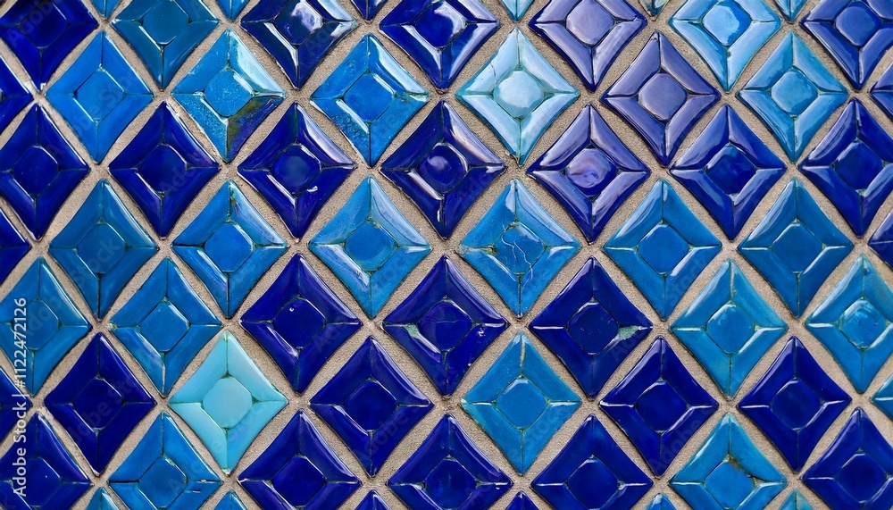 Intricate diamond-shaped tiles in varying shades of blue create a stunning mosaic. Intricate diamond-shaped tiles in varying shades of blue create a stunning mosaic.