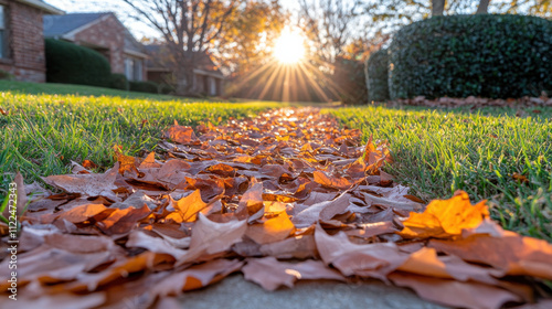 Wallpaper Mural beautiful suburban morning with sunlight shining through trees, illuminating path covered in colorful autumn leaves. scene captures essence of fall Torontodigital.ca