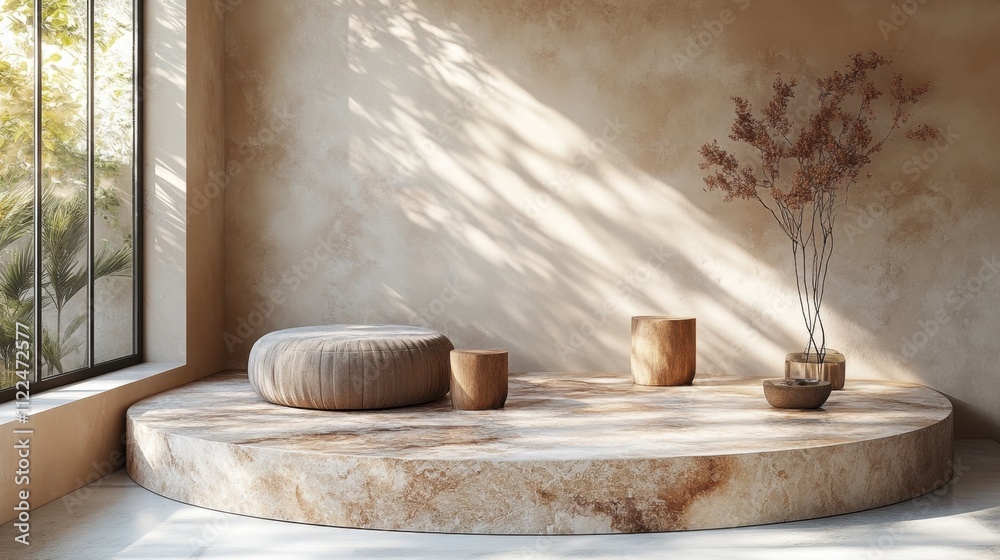 3d render, Product presentation, marble podium stand featuring a natural raw-edge design with earthy tones, complemented by soft shadows 3d render, Product presentation, marble podium stand featuring a natural raw-edge design with earthy tones, complemented by soft shadows