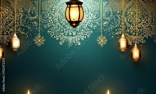 Elegant Festive Wallpaper with Dark Green Background, Golden Patterns, Snowflakes, and Diya Lamp