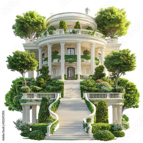 A grand, lush mansion surrounded by greenery and elegant landscaping.