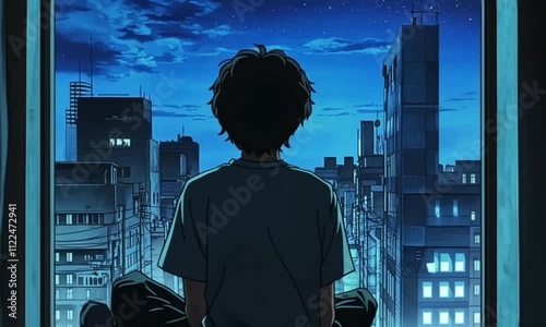 Boy Reflecting on Memories, Gazing at Starry Night Cityscape from Windowsill
