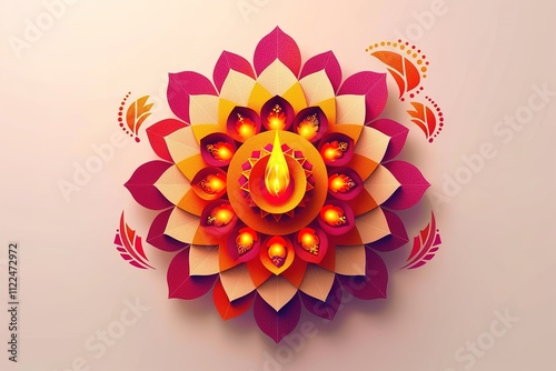 Happy Diwali. Paper Graphic of Indian Rangoli. Rangoli - A traditional Indian art of decorating the entrance to a house. Diwali festival holiday design with paper cut style of Indian Rangoli. photo